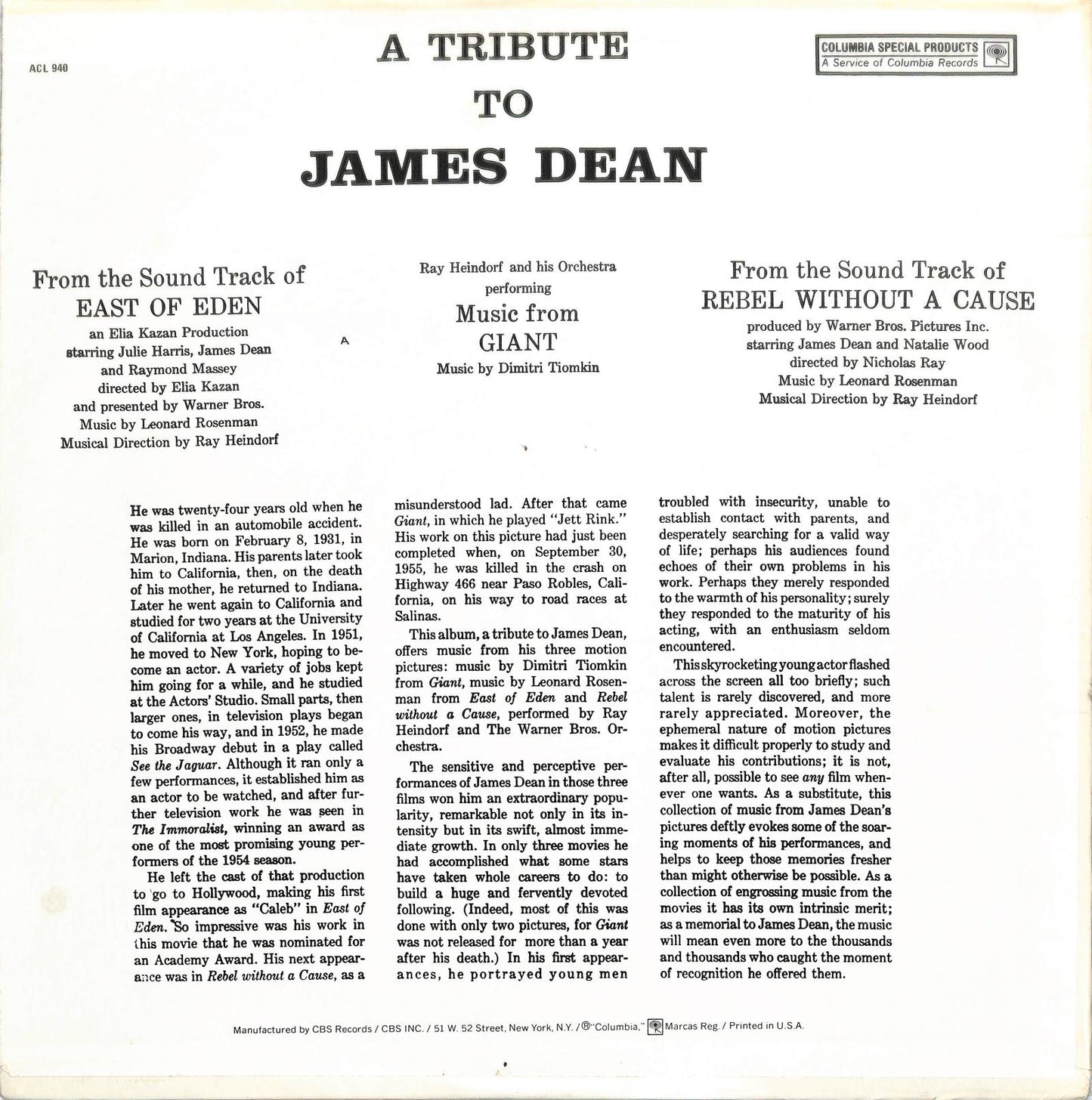 RAY HEINDORF AND THE WARNER BROS. ORCHESTRA - A Tribute To James Dean