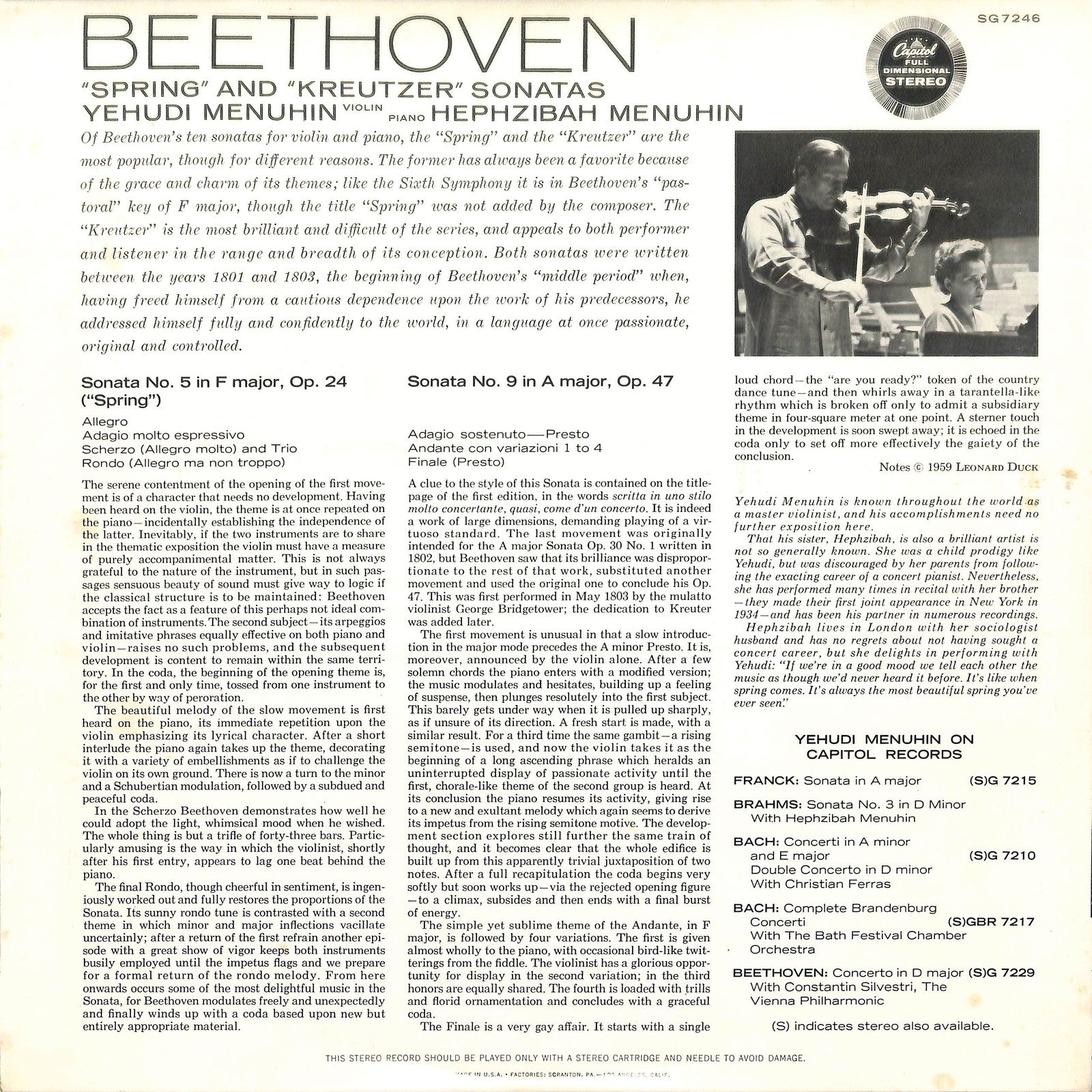 BEETHOVEN (HEPHZIBAH & YEHUDI MENUHIN) - Violin Sonatas No. 5 ("Spring") / No. 9 ("Kreutzer")