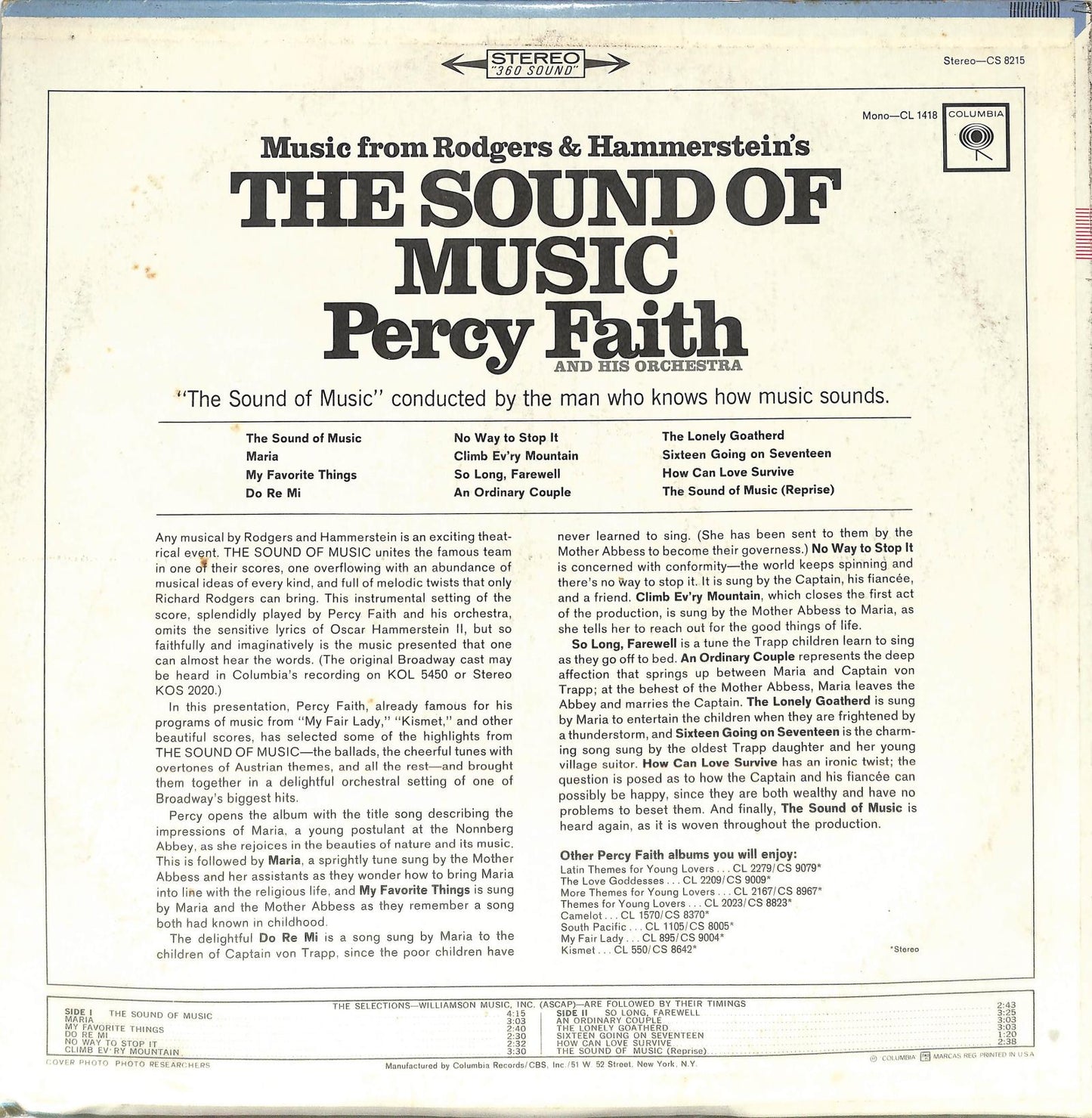 PERCY FAITH & HIS ORCHESTRA - Music From Rodgers & Hammerstein's The Sound Of Music